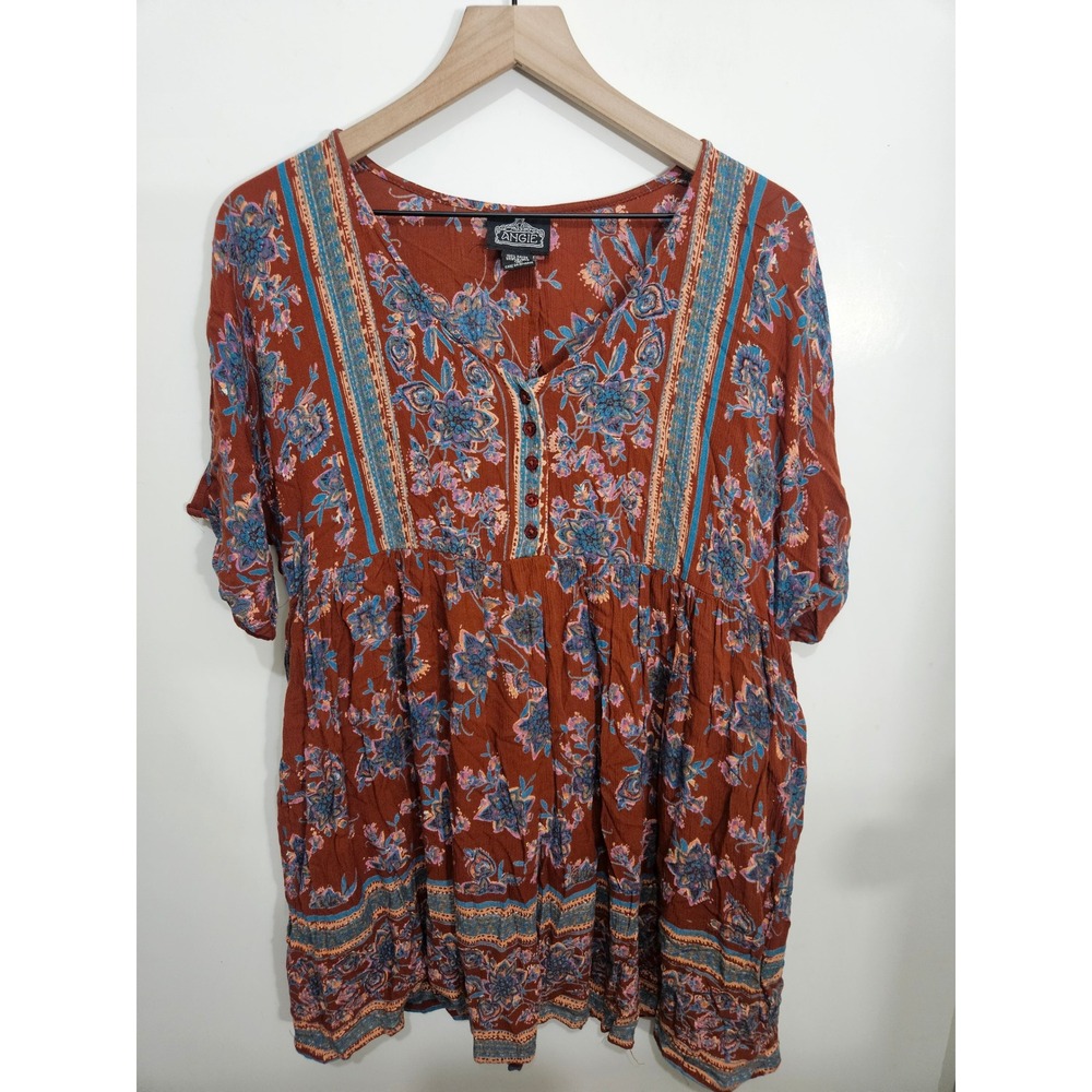 Angie Womens Boho Floral Babydoll Tunic Top Rust Orange Short Sleeve Pockets‎ M